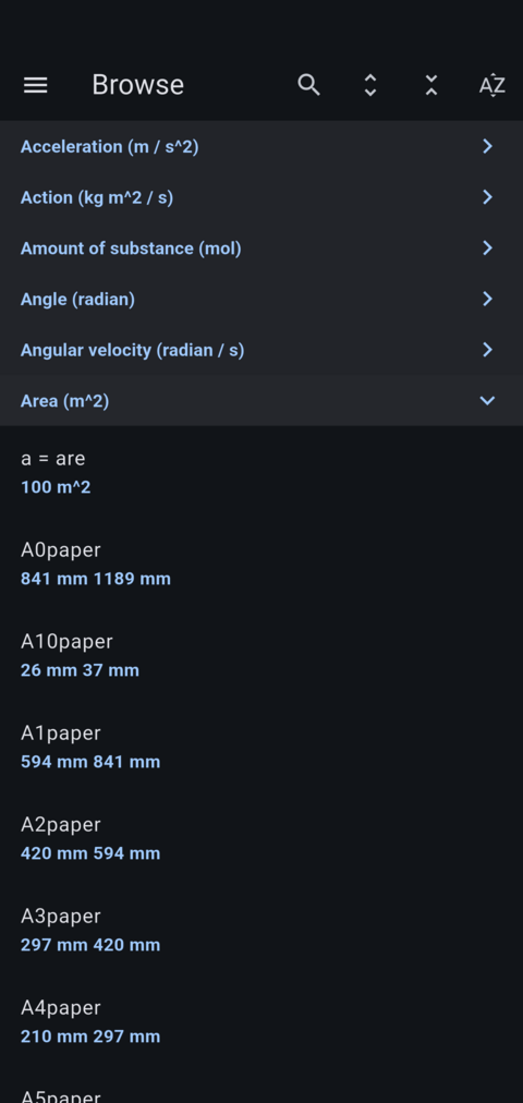 Unit browser showing collapsed dimension groups above the expanded Area group