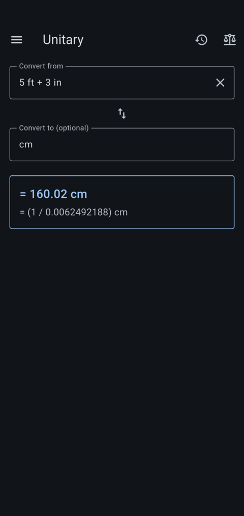 Freeform mode converting 5 ft + 3 in to centimeters