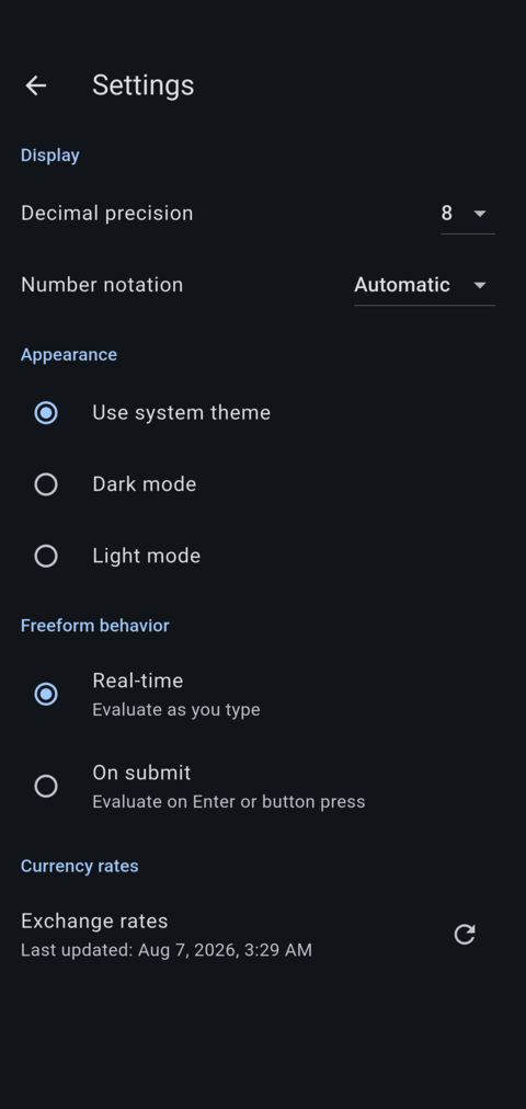 Settings screen in dark mode