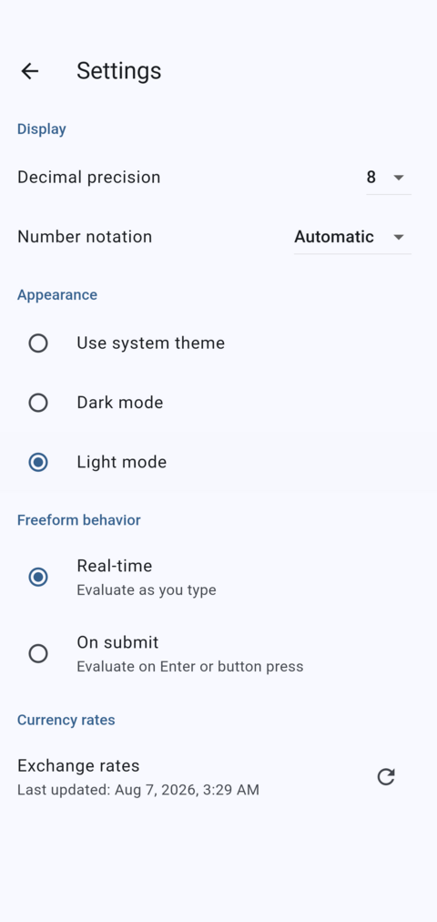 Settings screen in light mode