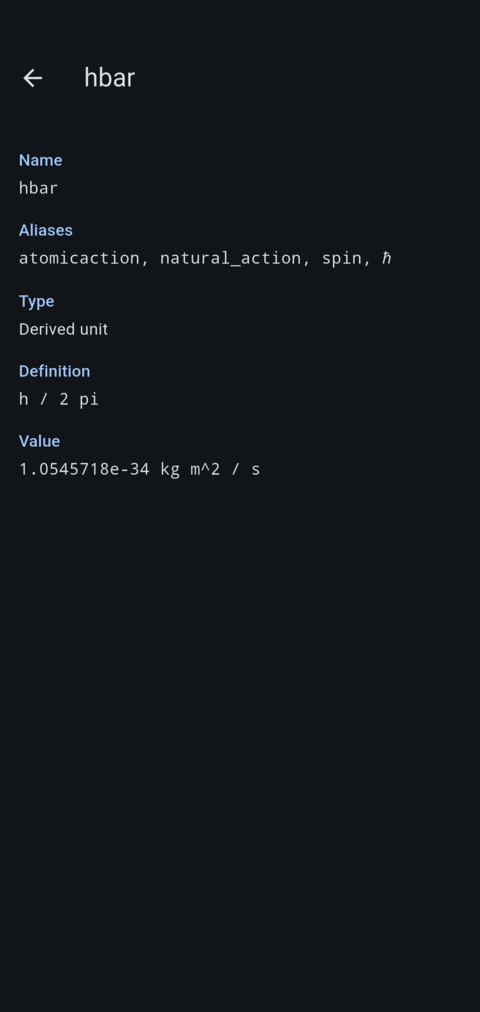 Detail page for the newton, showing its aliases, definition, and value