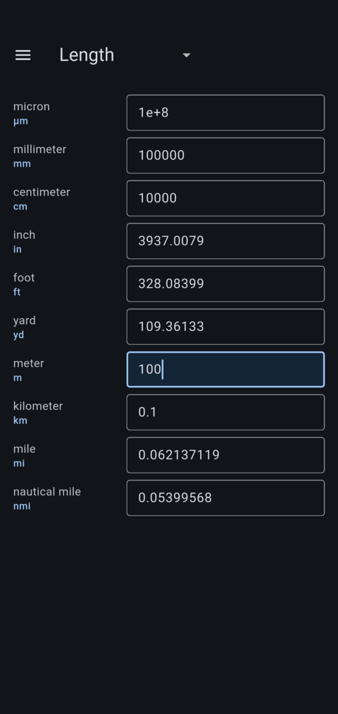 Length worksheet converting 100 meters across nine other units